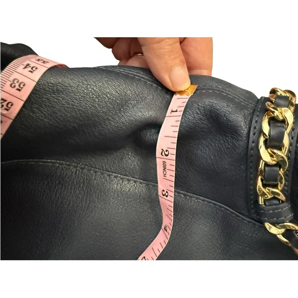 Michael Kors Navy Blue Pebbled Leather Chain Shoulder Tote Gold Lock Charm Bag